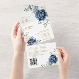 Invitation Tout En Un Dusty Blue Navy Champagne Ivory Mariage QR Code