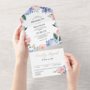 Invitation Tout En Un Dusty Blue Pastel Pink hydrangeas Mariage Tout en