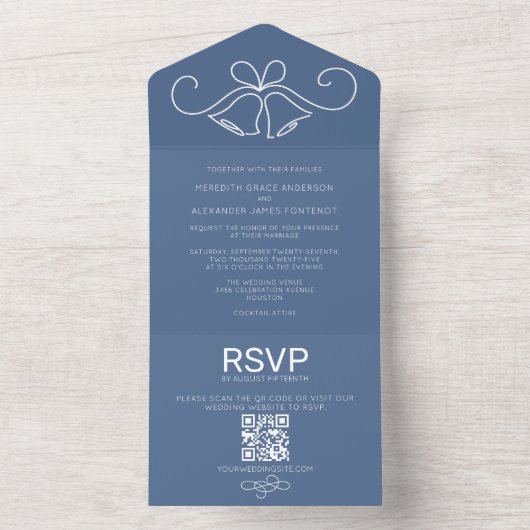 Invitation Tout En Un Dusty Blue QR Code Mariage RSVP (À l'intérieur)