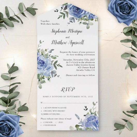 Invitation Tout En Un Dusty Blue Rose Eucalyptus Mariage botanique