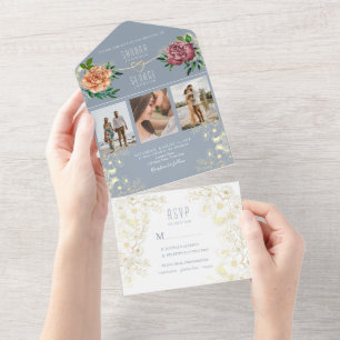 Invitation Tout En Un Dusty Blue Rose Floral Photos Mariage Inviter