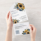 Invitation Tout En Un Dusty Blue Roses Sunflowers QR Code Wedding (Déchirure)