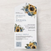 Invitation Tout En Un Dusty Blue Roses Sunflowers QR Code Wedding (À l'intérieur)