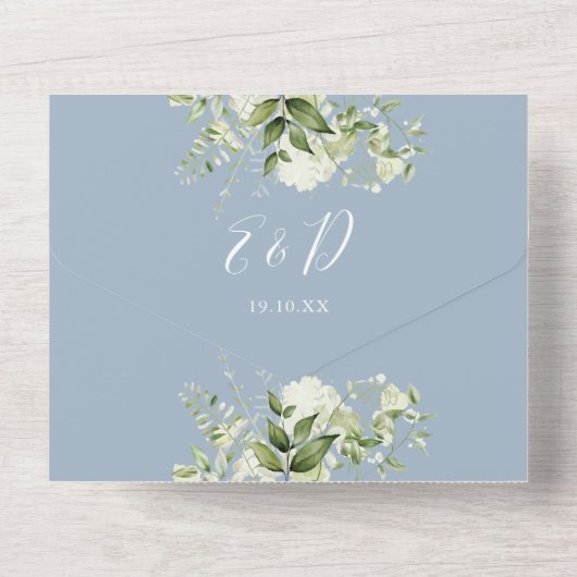 Invitation Tout En Un Dusty Blue Rustic Greenery QR Code Mariage (Verso)