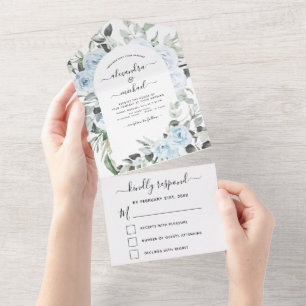 Invitation Tout En Un Dusty Blue - Sage Green Floral Wedding RSVP