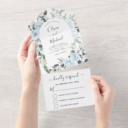 Invitation Tout En Un Dusty Blue - Sage Green Floral Wedding RSVP (Déchirure)
