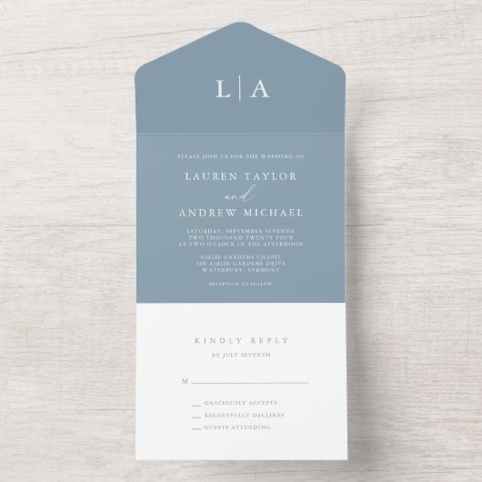 Invitation Tout En Un Dusty Blue Simple Élégant 1 Mariage (À l'intérieur)