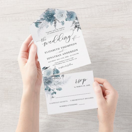 Invitation Tout En Un Dusty Blue Slate Pastel Light Détails du Mariage R (Déchirure)