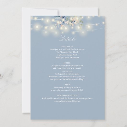 Invitation Tout en un Dusty Blue String éclaire le Mariage fl (Dos)