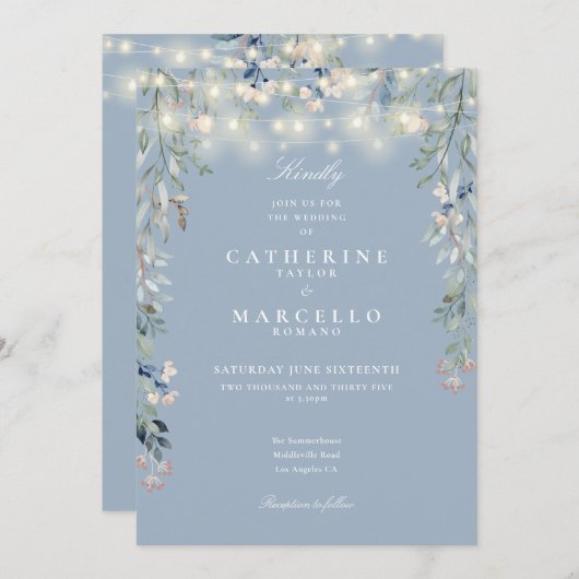 Invitation Tout en un Dusty Blue String éclaire le Mariage fl (Devant / Derrière)