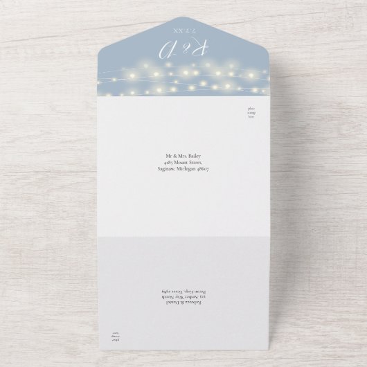 Invitation Tout En Un Dusty Blue String Lights QR Code Mariage (Dehors)