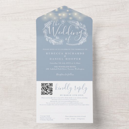 Invitation Tout En Un Dusty Blue String Lights QR Code Mariage (À l'intérieur)