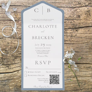 Invitation Tout En Un Dusty Blue & White Monogram Code QR minimal
