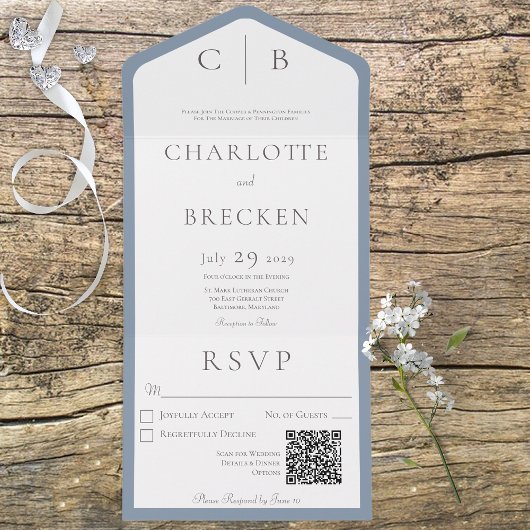 Invitation Tout En Un Dusty Blue & White Monogram Code QR minimal