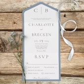 Invitation Tout En Un Dusty Blue & White Monogram Dîner minimal