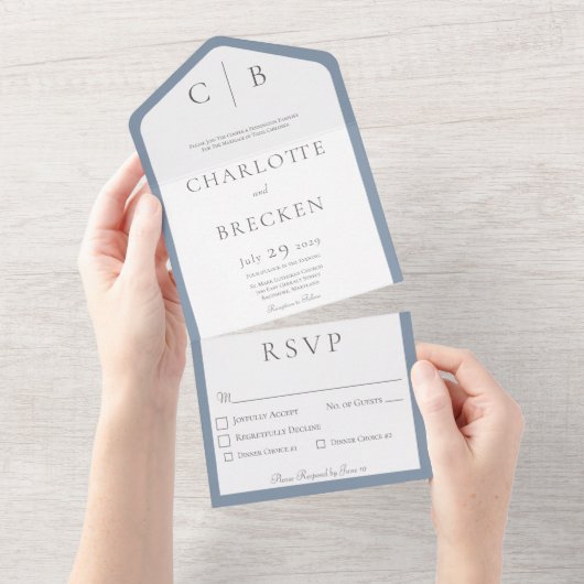 Invitation Tout En Un Dusty Blue & White Monogram Dîner minimal (Déchirure)