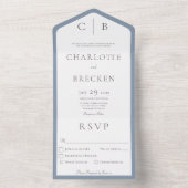 Invitation Tout En Un Dusty Blue & White Monogram Dîner minimal (À l'intérieur)