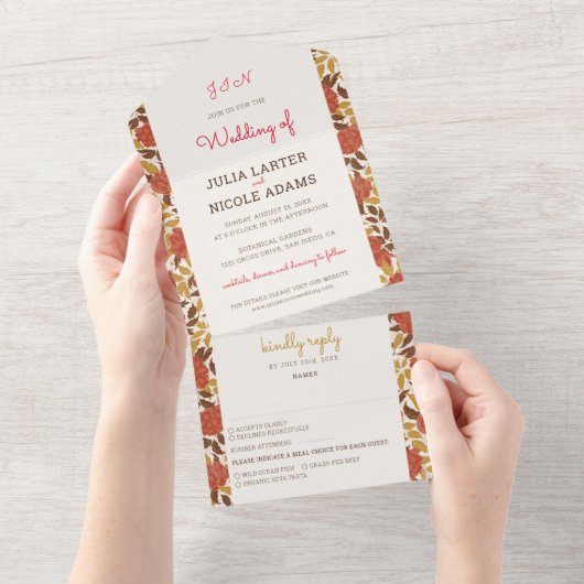 Invitation Tout En Un Dusty Brunt Orange Peony Flowers Mariage de automn (Déchirure)