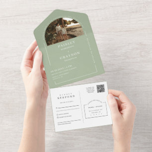 Invitation Tout En Un Dusty Green Moderne Mini Arc Photo QR Code RSVP