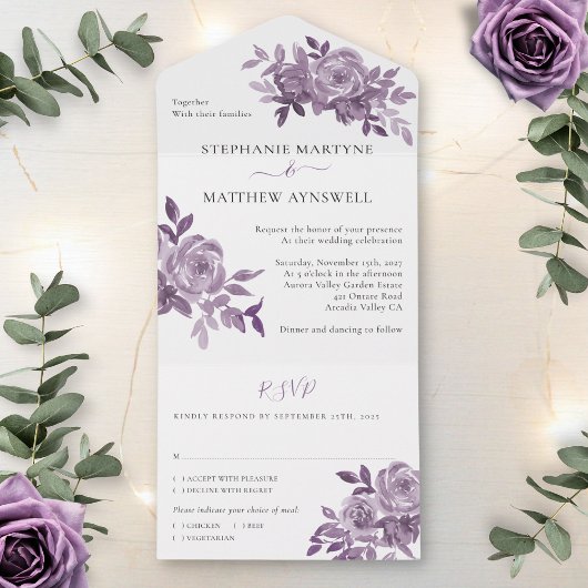 Invitation Tout En Un Dusty Mauve Floral Rose Mariage de feuillage