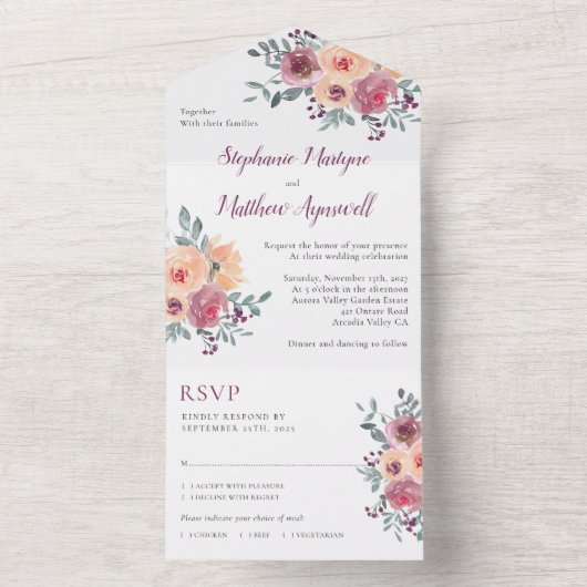 Invitation Tout En Un Dusty Mauve Peach Blush FlorMariage (À l'intérieur)