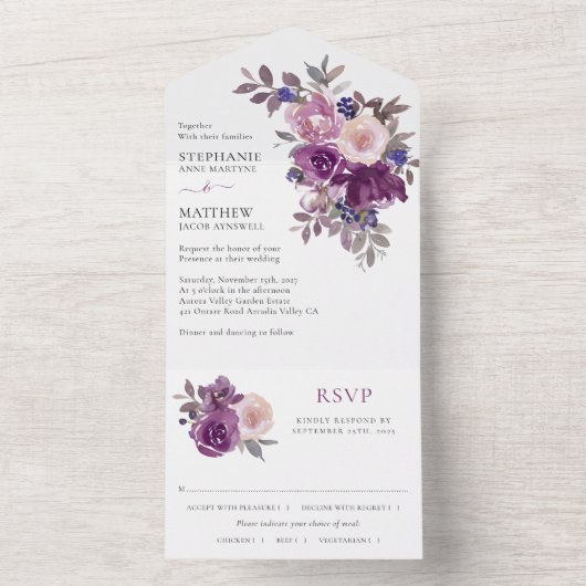 Invitation Tout En Un Dusty Mauve Purple Blush FlorMariage (À l'intérieur)