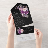 Invitation Tout En Un Dusty Mauve violet violet Mariage floral noir (Déchirure)