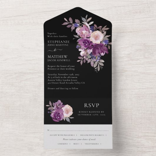 Invitation Tout En Un Dusty Mauve violet violet Mariage floral noir (À l'intérieur)