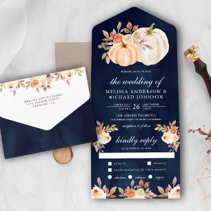 Invitation Tout En Un Dusty Pêcher Floral Citrouille Marine Mariage bleu