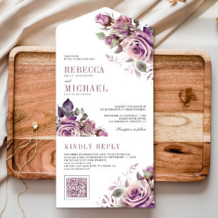 Invitation Tout En Un Dusty Purple Floral QR Code Mariage