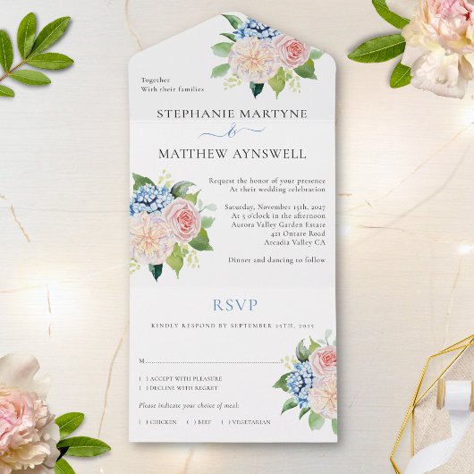 Invitation Tout En Un Dusty Rose Blue Hydrangea Floral Mariage