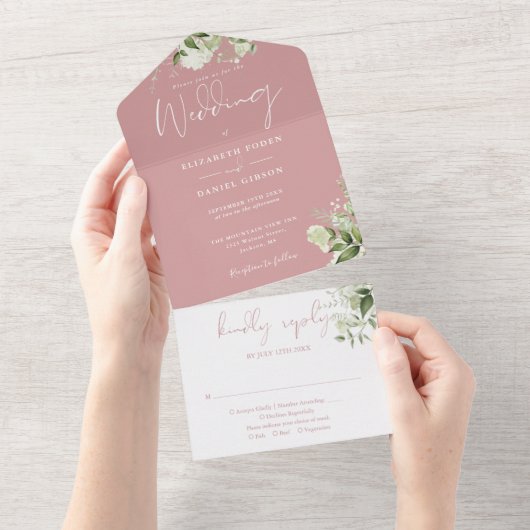 Invitation Tout En Un Dusty Rose Botanical Greenery Monogram Mariage (Déchirure)