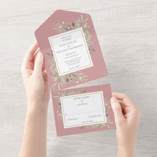 Invitation Tout En Un Dusty Rose Botanical Greenery Monogram Mariage (Déchirure)