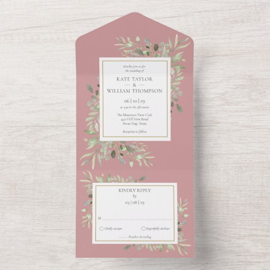 Invitation Tout En Un Dusty Rose Botanical Greenery Monogram Mariage (À l'intérieur)