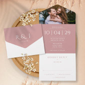 Invitation Tout En Un Dusty Rose Elegant Monogramme Photo Mariage Date