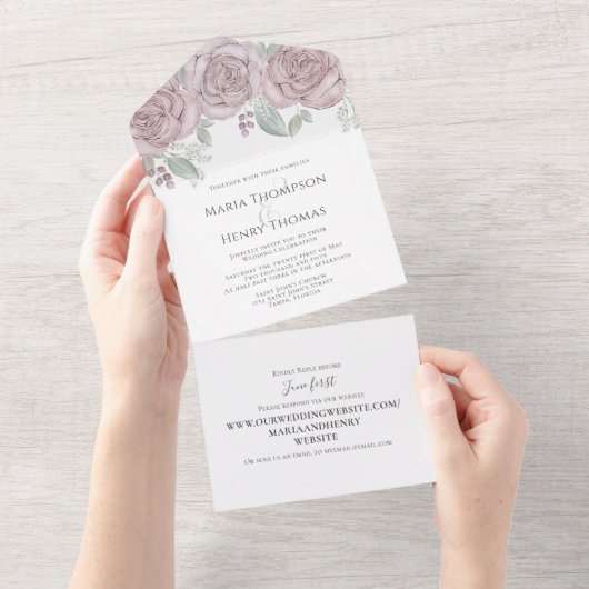 Invitation Tout En Un Dusty Rose Floral Mariage site Web Invité s'adress (Déchirure)