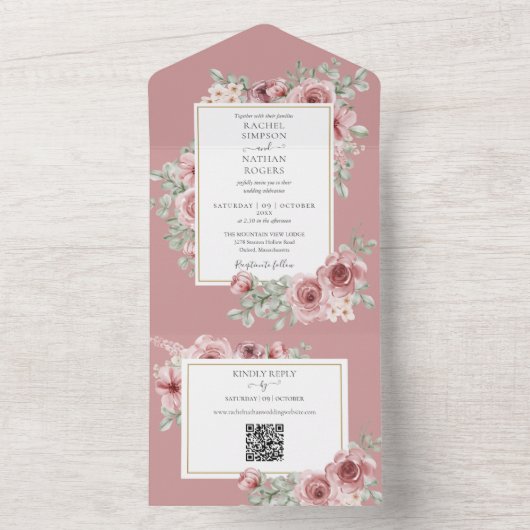 Invitation Tout En Un Dusty Rose Floral QR Code Mariage (À l'intérieur)