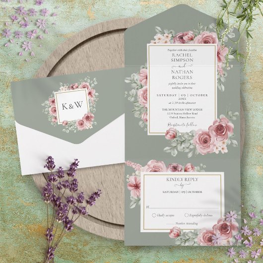 Invitation Tout En Un Dusty Rose Floral Sage Mariage vert