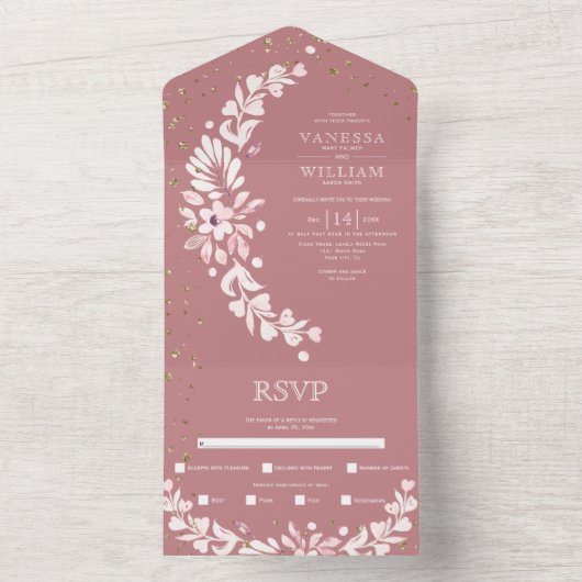 Invitation Tout En Un Dusty rose, guirlande fleurie blanche, coeur maria (À l'intérieur)