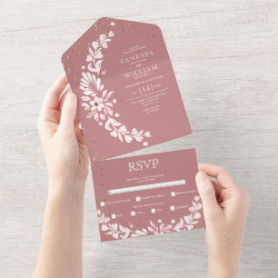 Invitation Tout En Un Dusty rose, guirlande fleurie blanche, coeur maria
