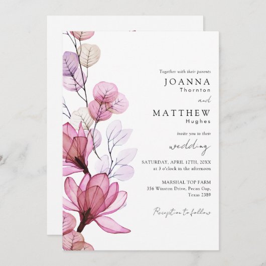 Invitation Tout en un Dusty Rose Mariage floral transparent (Devant / Derrière)