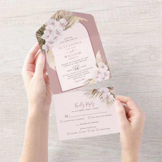 Invitation Tout En Un Dusty Rose Pampas Grass Orchidées Mariage tropical (Déchirure)