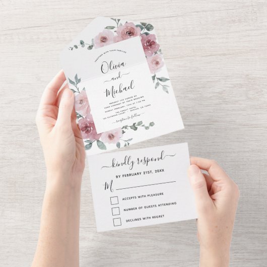 Invitation Tout En Un Dusty Rose rose Mariage Floral Eucalyptus RSVP (Déchirure)