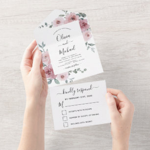 Invitation Tout En Un Dusty Rose rose Mariage Floral Eucalyptus RSVP
