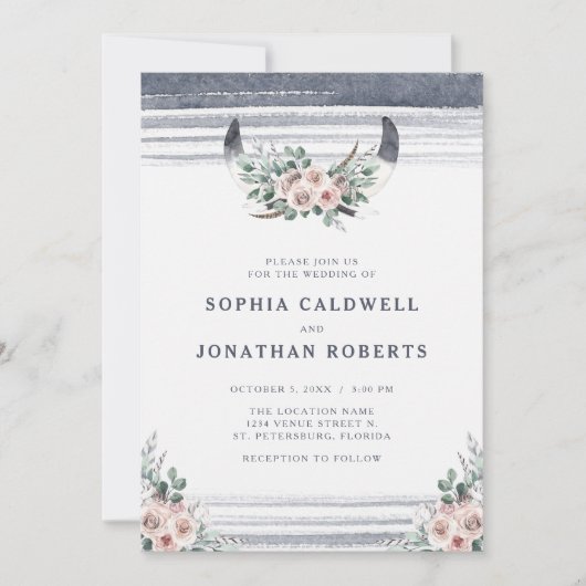 Invitation Tout en un Dusty rose Roses Bull Horns Mariage (Devant)