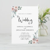 Invitation Tout en un Dusty rose Roses Mariage de calligraphi (Debout devant)