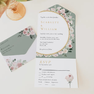 Invitation Tout En Un Dusty Rose Sage Vintage Menu Choix du Mariage RSVP