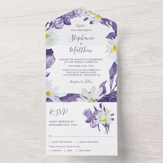 Invitation Tout En Un Dusty violet Iris blanc marguerite Mariage botaniq (À l'intérieur)