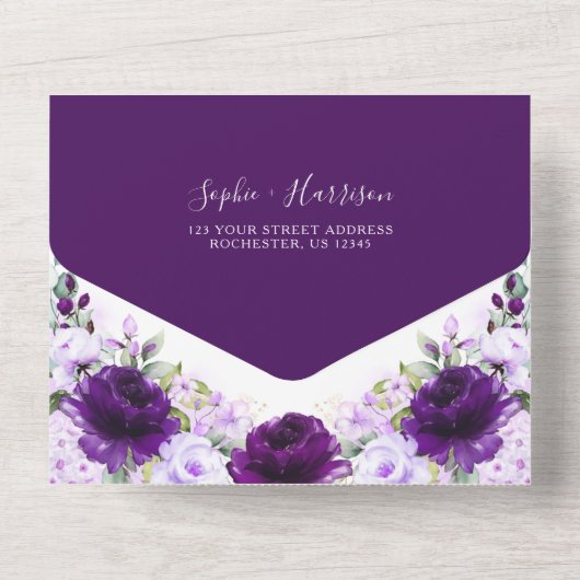 Invitation Tout En Un Dusty violet Rose Lilac Fleurs Mariage rustique To (Verso)