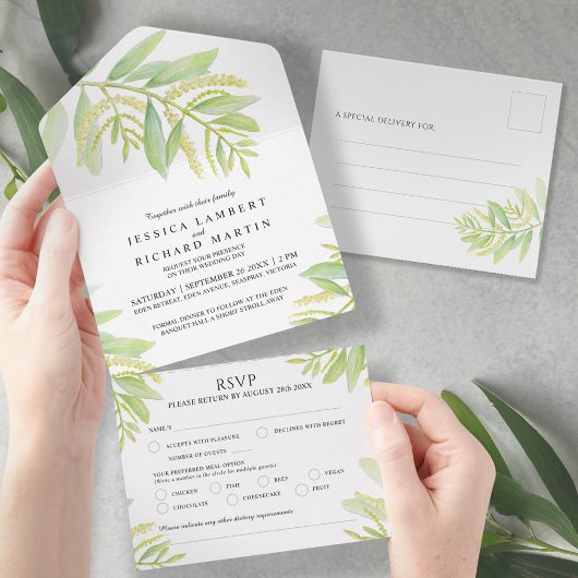 Invitation Tout En Un Eau verte à l'eucalyptus mariage RSVP